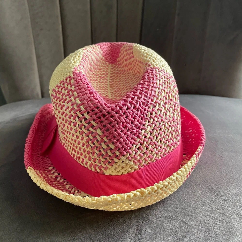 Nicole Marciano tan and pink straw fedora hat